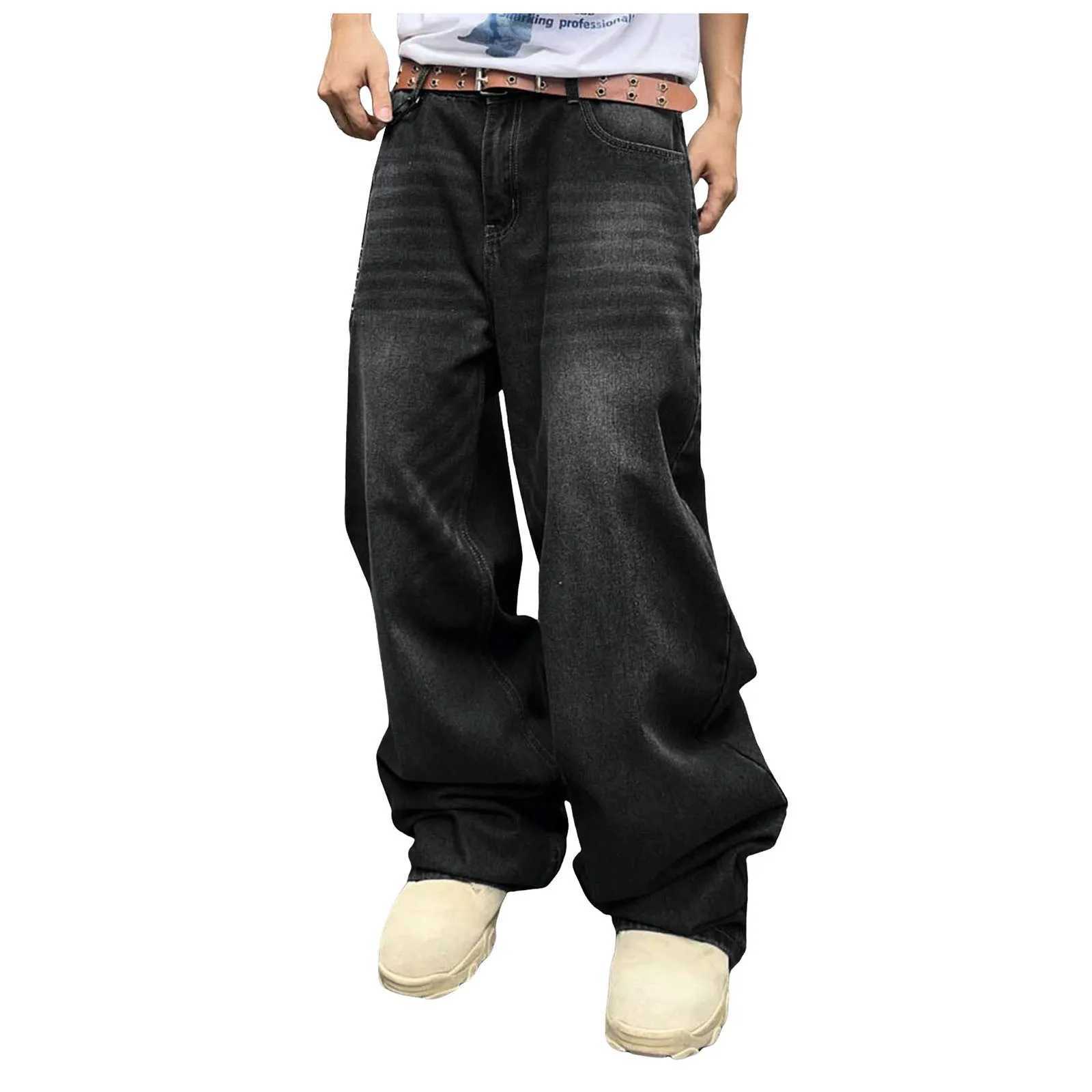 Mens Baggy Hip Hop Jeans Loose Fit Wide Leg Skater Denim Pants Casual Korean Fashion Long Trousers Streetwear Dark Blue Black W250510