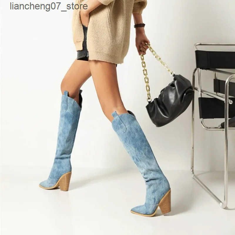 Fashion Wedges Denim Knee High Heel Cow Slip on Autumn Winter Boots Women Botas Altas Plataforma Mujer J241119