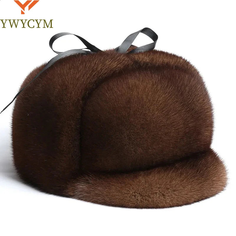 Winter Fashion Genuine Mink Fur Cap Bomber Hat Unisex Cold Outdoor Ear Warm Ride Motorcycling Natural 241119