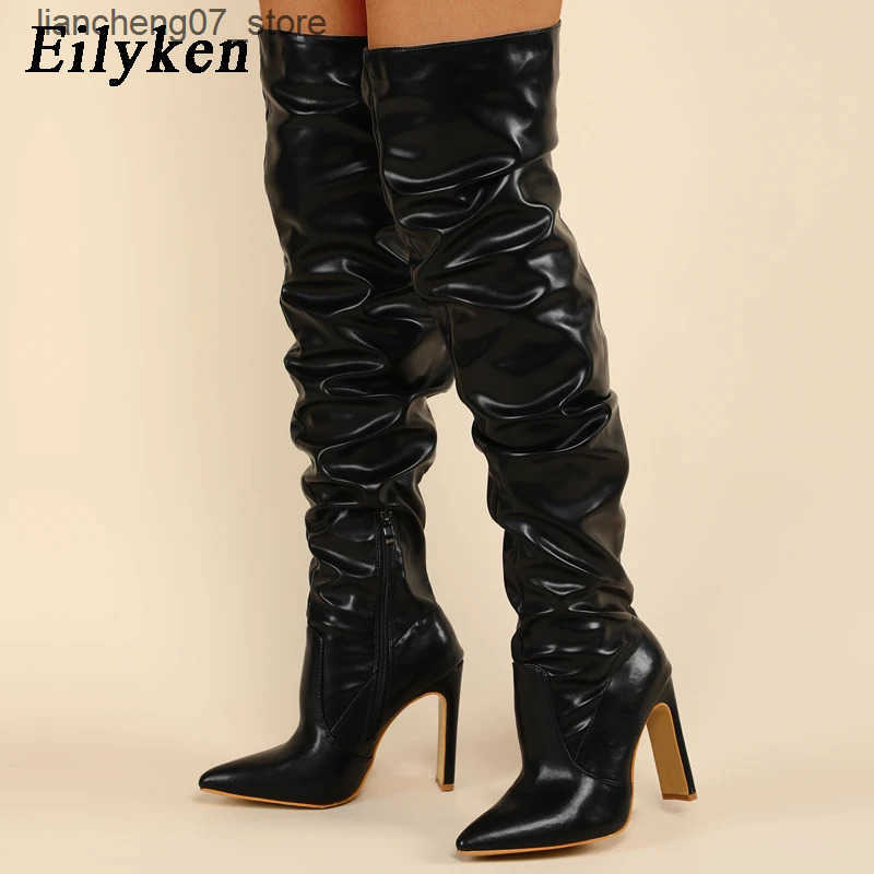 Eilyken Pleated Thigh High Boots Fashion Pointed hot Toe Zip Female Stiletto Square Heels Design White Black Brown Womens Shoes J241119