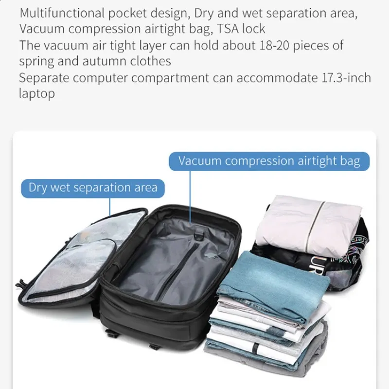 Airback vacuum compression backpack with pump expandable travel suitable for men women and airline approved business bags 60L