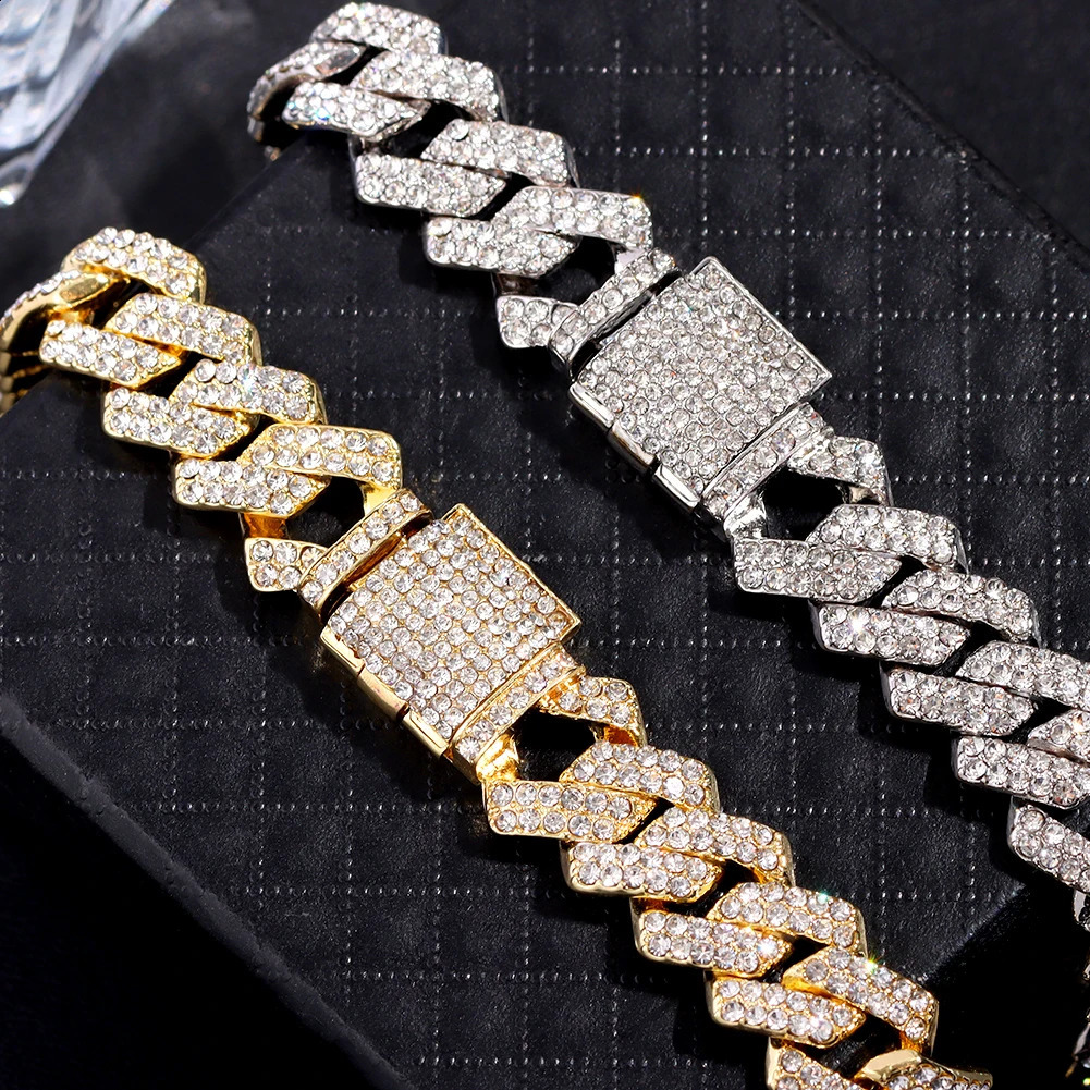 Fashion Bling Paved Rhinestone Prong Cuban Chain Bracelet for Women Men Hip Hop Iced Out Chunky Link Bracelets Jewelry 241119