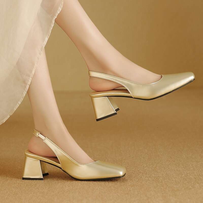 Elegant Sgback Sandals Women Summer Shoes Pink Black Nude Medium Heels Pumps Close Toe Office Party Shoe Female Large Size 45