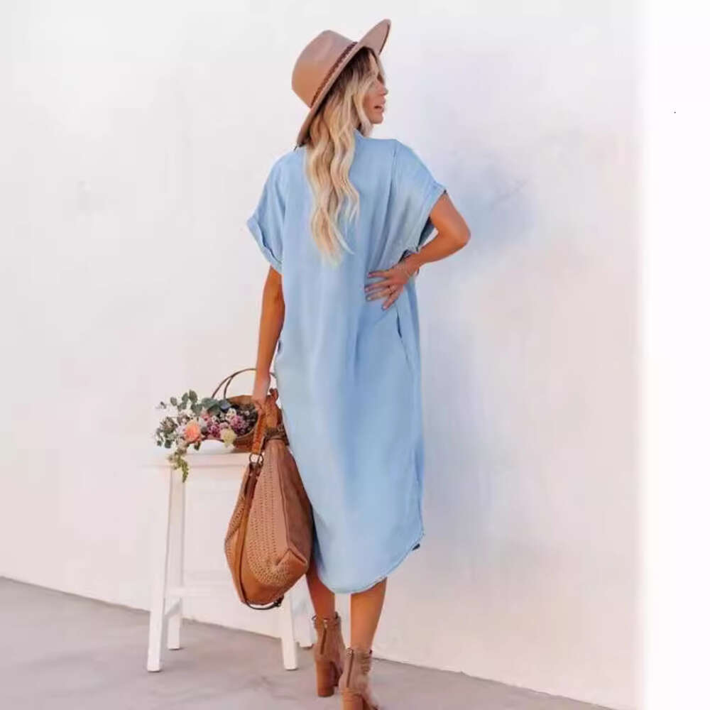 New Fashionable Solid Color Denim Short Sleeved Dress, Medium Length Split Lining Dress F41941