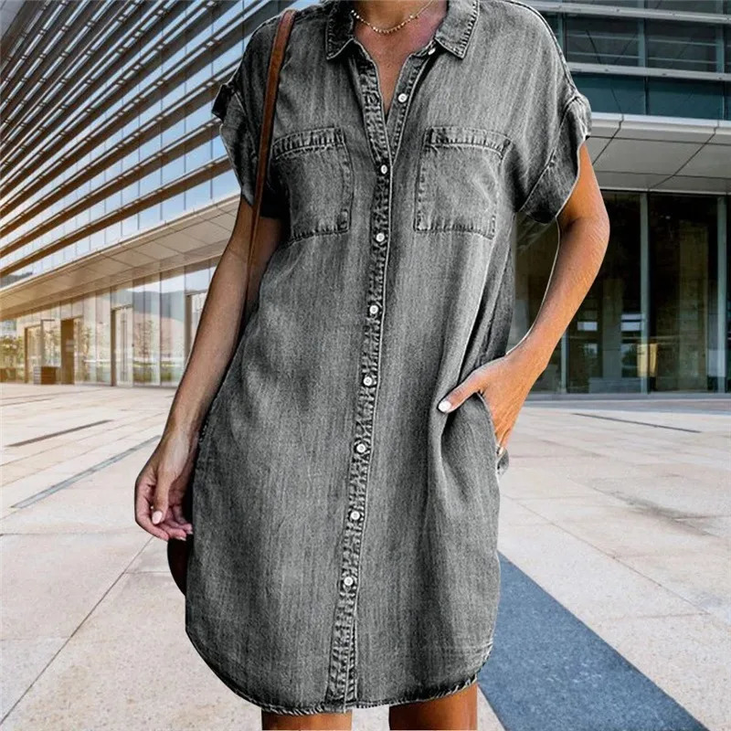 Plus Size Women Denim Shirt Dresses Short Sleeve Distressed Jean Dress Button Down Casual Tunic Top 240403