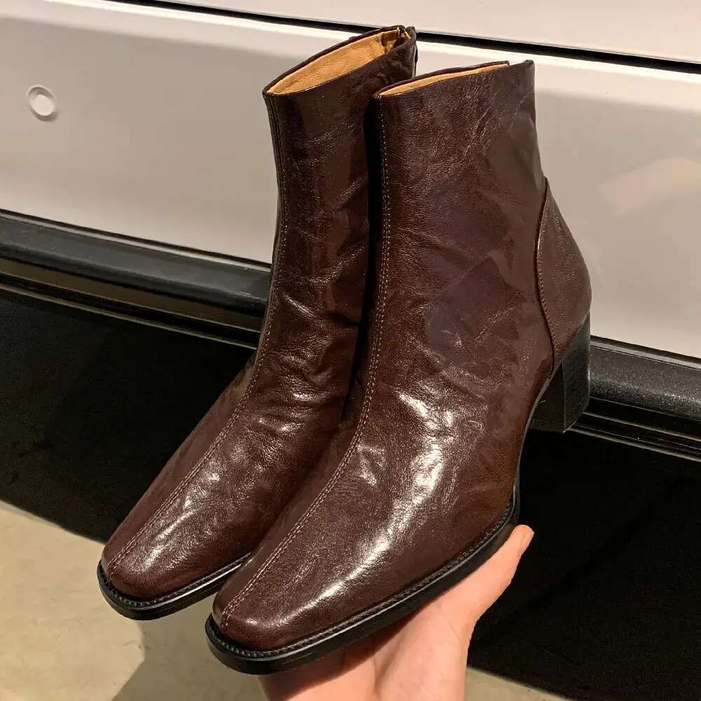 Elegant ladies 6cm thick med heel autumn ankle boots square toe pleated sheepskin soft comfortable short booties shoes for women 1f50