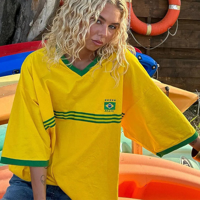 Summer Women Brazil Embroidery Yellow Tshirt Casual Loose Medium And Long Sleeves Y2k Clothing Tops Oversized T-shirt Beach Tees 240409