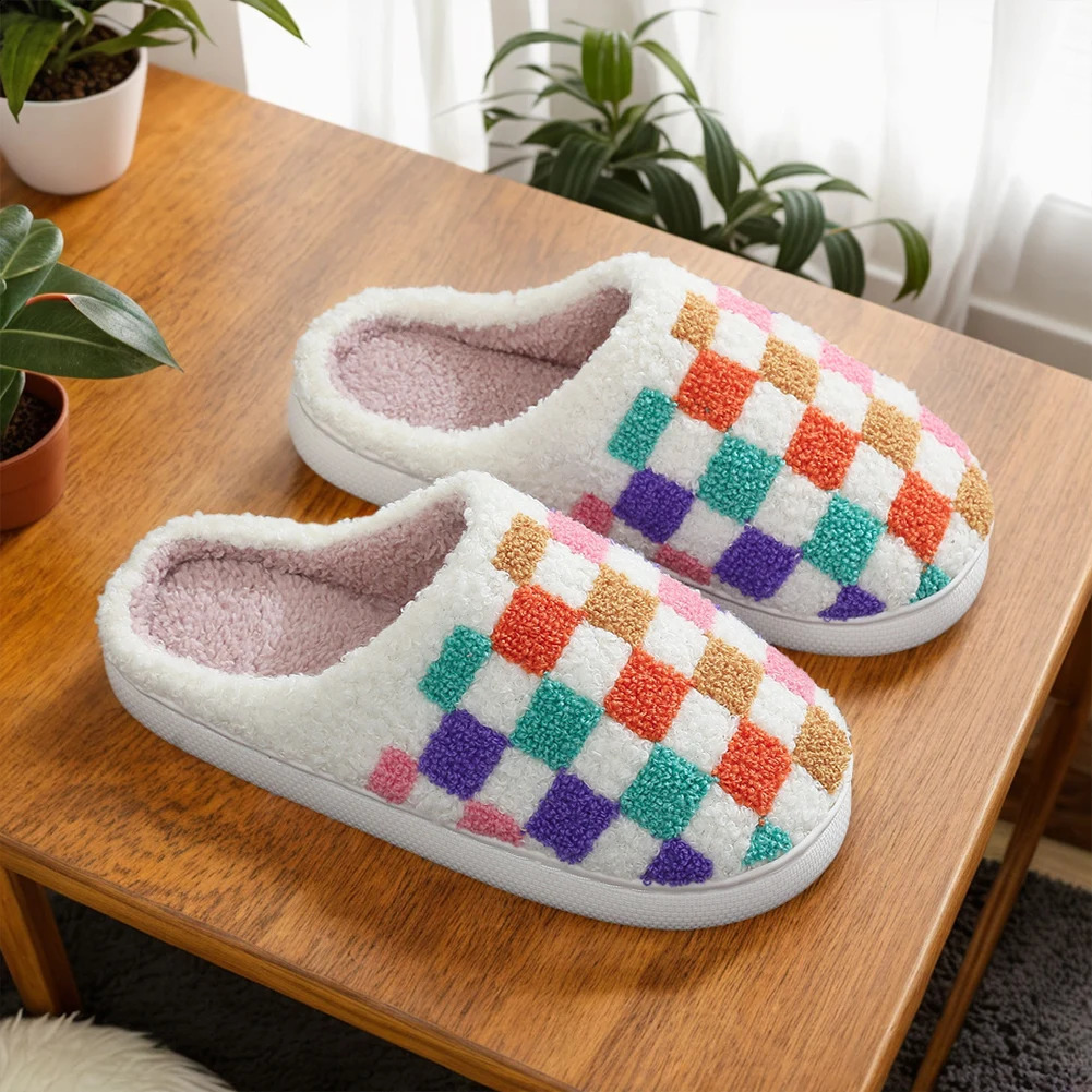 Checkered Plush Closed Toe Slippers Anti Slip Plush Slip-on House Shoes Colorful Flat Thermal Slippers Comfortable for Men Women 241118