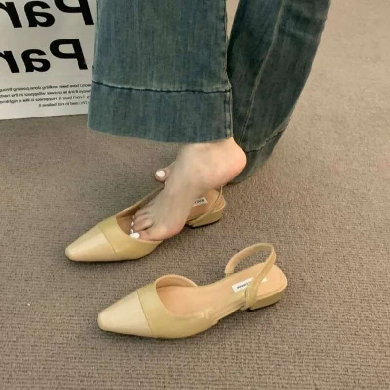 2024 Low Heel Baotou Sandals Women's French Nude Color Pointed Small Fragrant Ladies Thick Heels Back Air Style Single Shoes