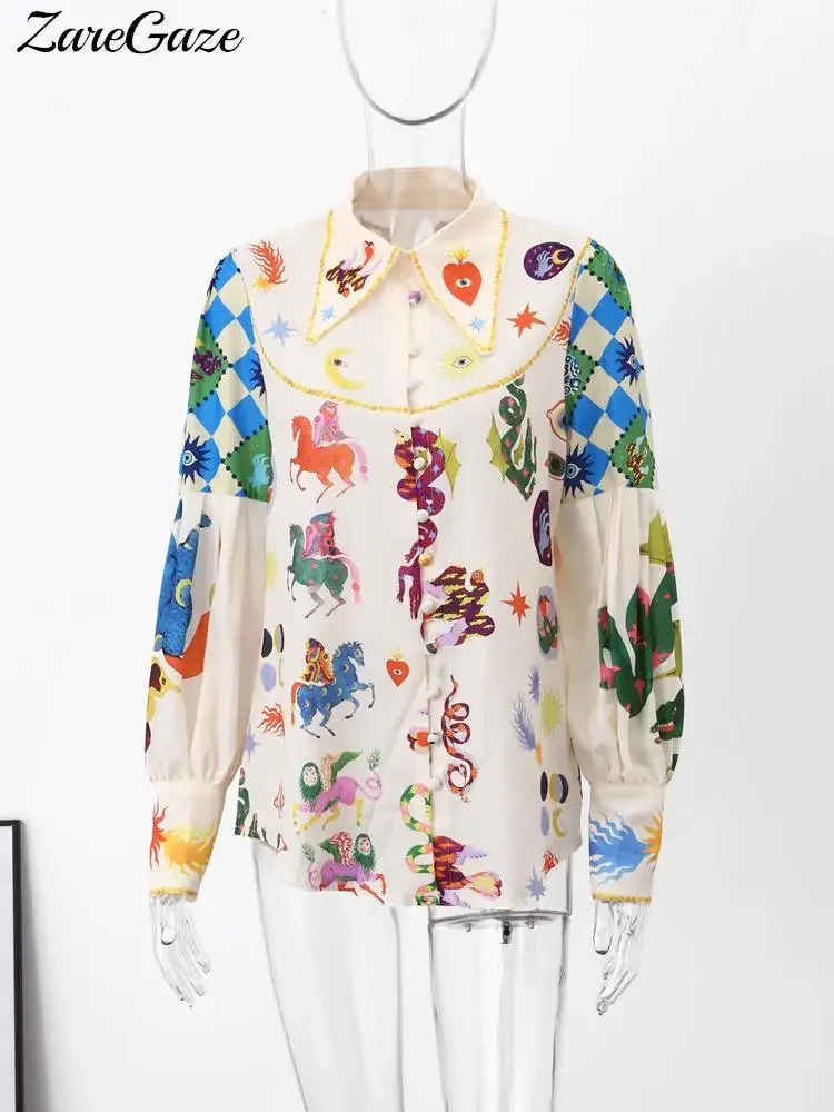 Fashion Printed Women Chiffon Shirt Bubble Sleeve Lapel Button Loose Blouse Spring Summer Elegant Lady Top 240412