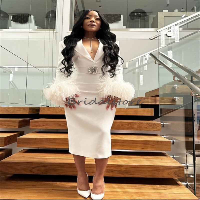Aso Ebi White Feather Prom Dresses With Long Sleeve Sexy V Neck Tea Length Midi Evening Dress Black Women Holiday Outfit Vestios De Gala 2024 Cocktail