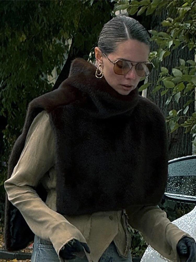 Women's Fur Vintage Turtleneck Faux Waistcoat Women Casual Solid High Neck Plush Sleeveless Coats Female Winter Chic Street Outwear