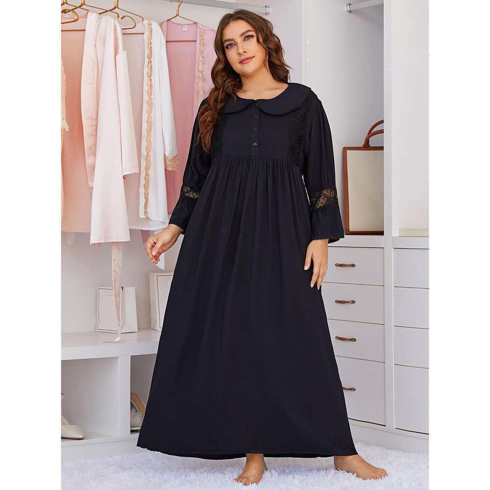 Large Size Women's Long Sleeved Lace Home Dress, Chubby Mm Pama Dress F41951