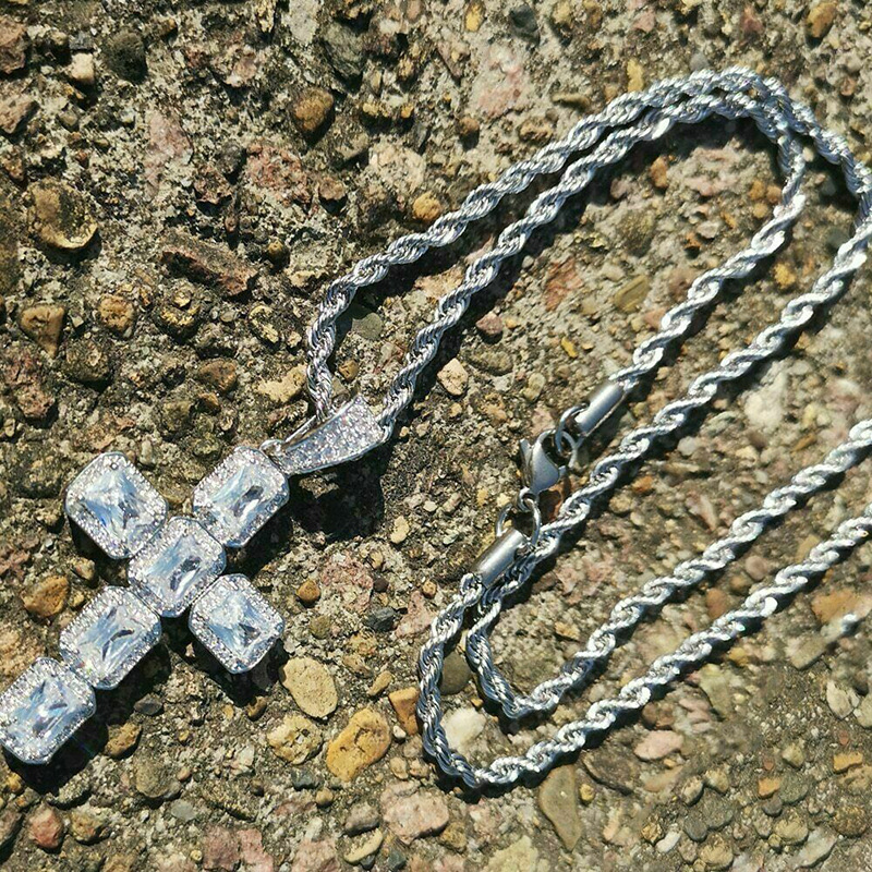 Hip Hop Cross Pendant: 10KT White Gold Fill Princess Cut Cubic Zirconia Vintage Jewelry Necklace for Men and Women