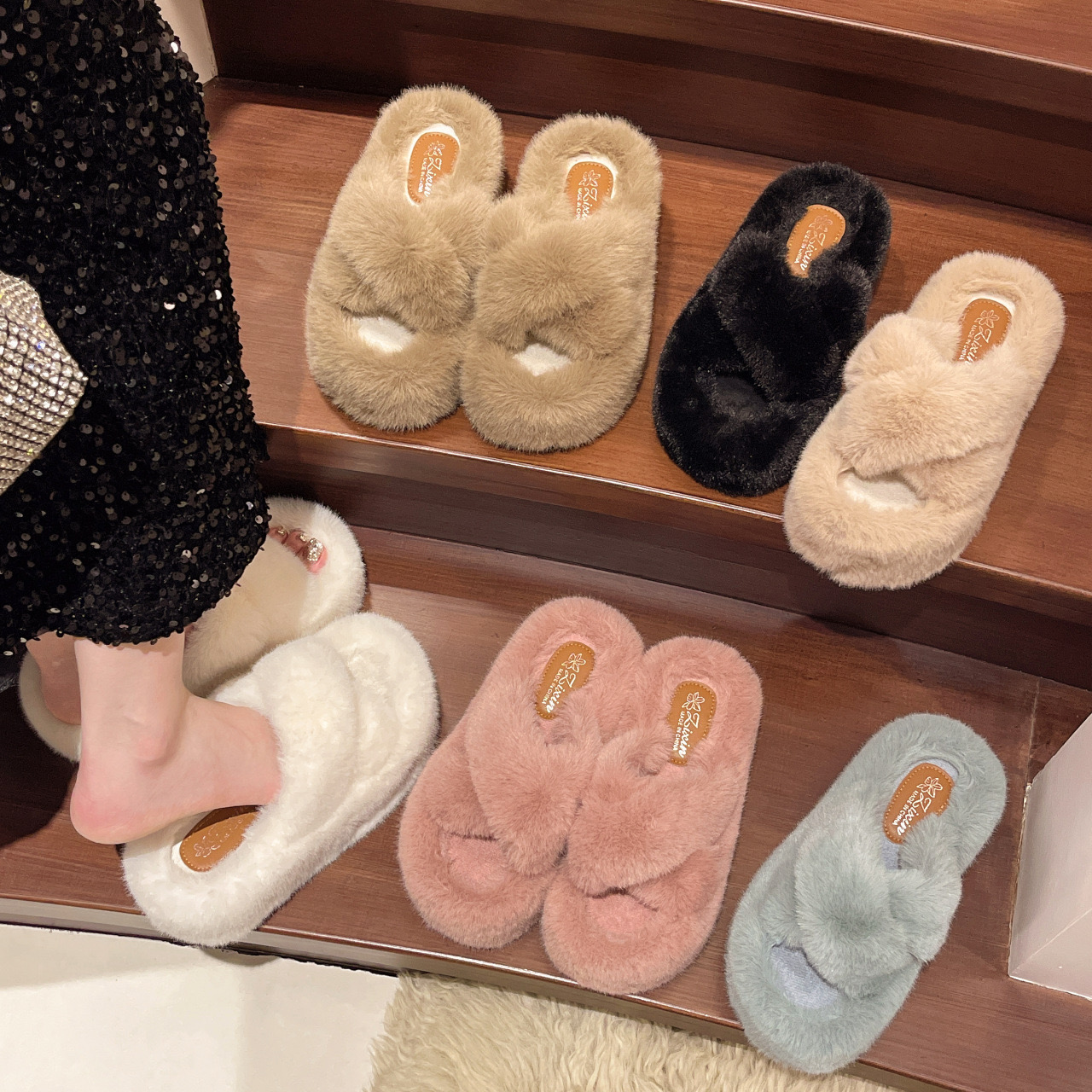 band Cross slippers women cut-out solid color slides ladies comfy indoor flipps rabbit fur New open toe femmes pantoufles