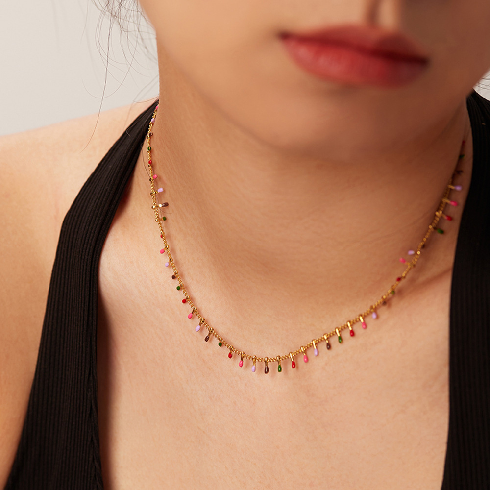 French Minimalist and Personalized Colored Drip Oil Tassel Neckchain for Women 18k Gold Titanium Steel Color Resistant Trend Banquet Party Wedding Jew