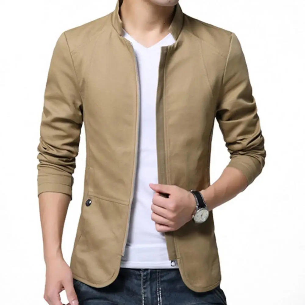Casual Men Blazer Spring Autumn Stylish Business Casual Jacket Solid Color Stand Collar Zipper Pockets Thin Slim Blazer Coat 240409