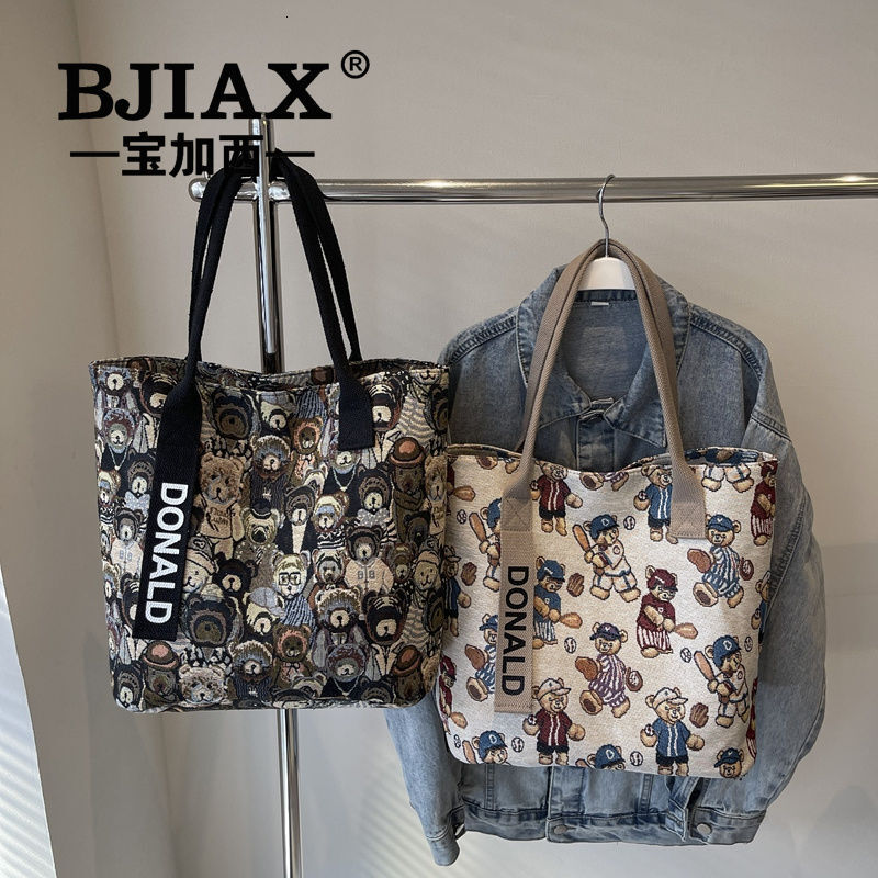 leisure New Baojiaxi Bear Embroidered Canvas Women s New Single Shoulder Large trend Capacity Commuter Handbag Designer Bag