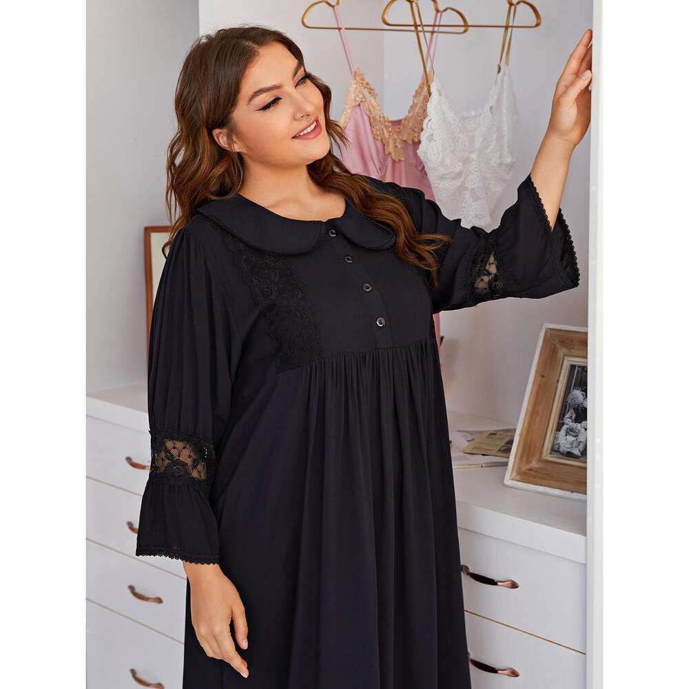Large Size Women's Long Sleeved Lace Home Dress, Chubby Mm Pama Dress F41951
