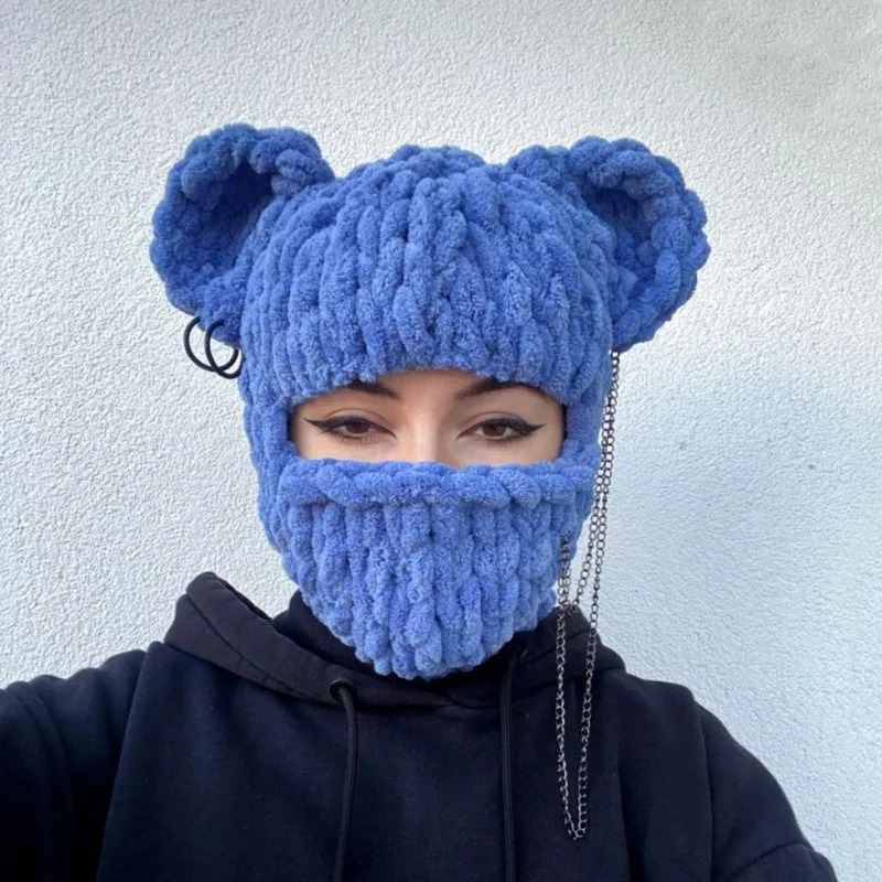 Bear Ears Crochet Balaclava Women Handmade Chain Circle Knitted Hat Fashion Party Chenille Mask Warm Ear Protection Skullies Cap 240419