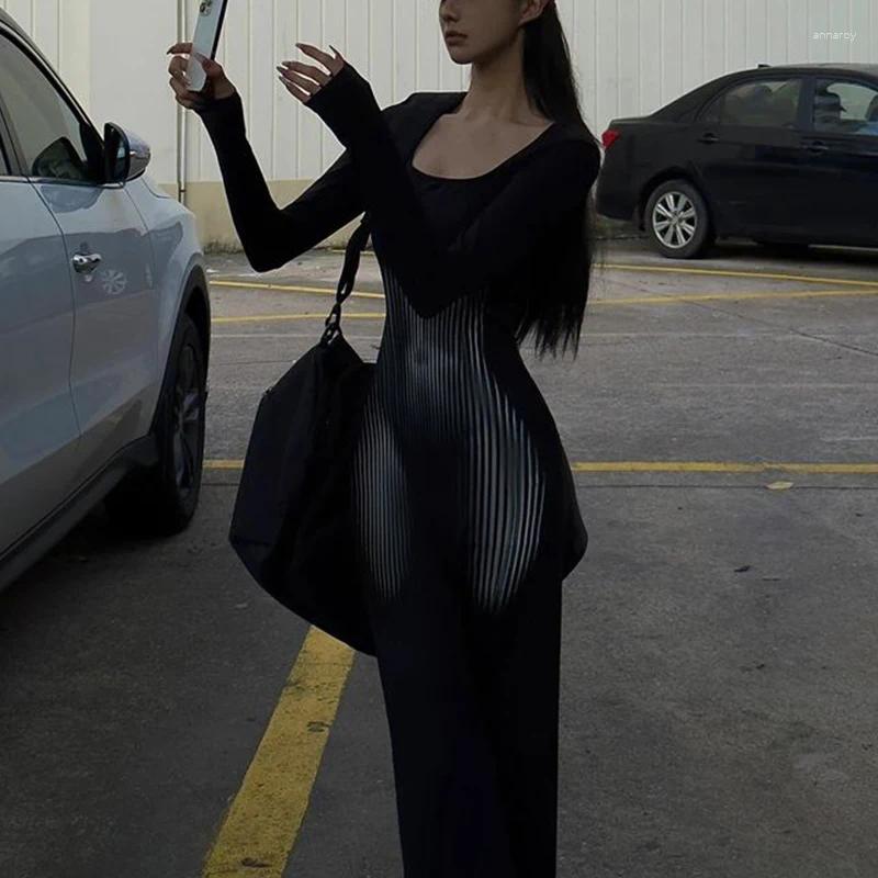 Casual Dresses Spring Autumn Square Collar Sexy Fashion Bodycon Maxi Dress Female Long Sleeve Slim Black Robe Ladies Elegant Vestidos De