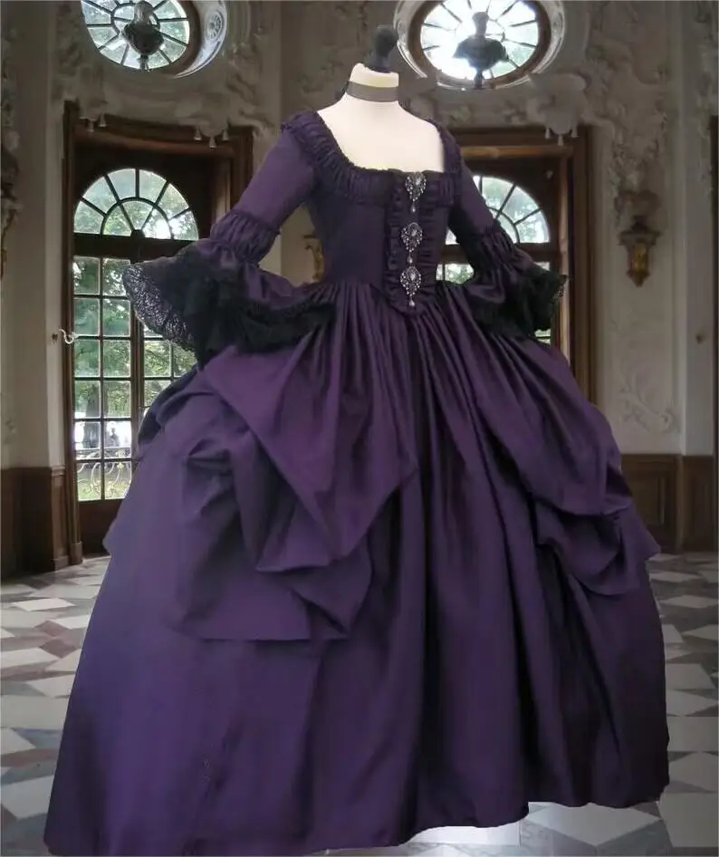 Renaissance Rococo Prom Dresses Purple Vintage Medieval Queen Marie Antoinette Cosplay Costume Ruched Fantasy Special Occasion Dress Flare Long Sleeve