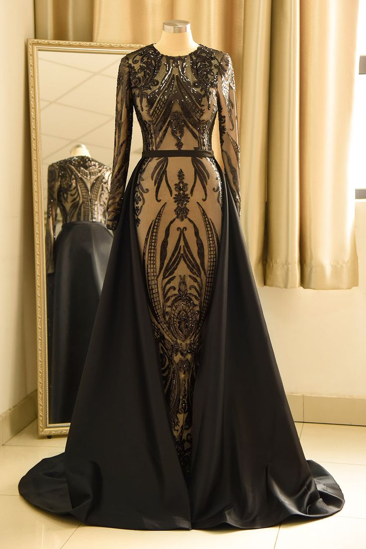 Elegant Arabic Caftan Sequined Mermaid Prom Dresses With Detachable Train 2024 Glitter Black Long Sleeves Muslim Formal Evening Gowns Jewel Neck