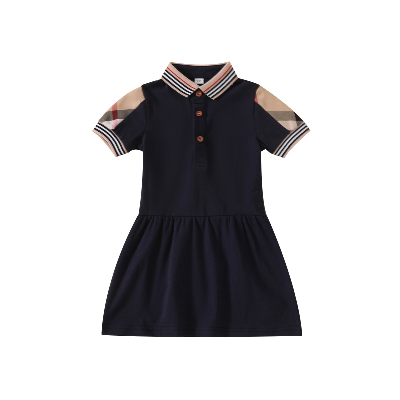 Summer Baby Girls Princess Dresses Cotton Kids Short Sleeve Plaid Dress Girl Turn-Down Collar Dress Children Skirt R250424