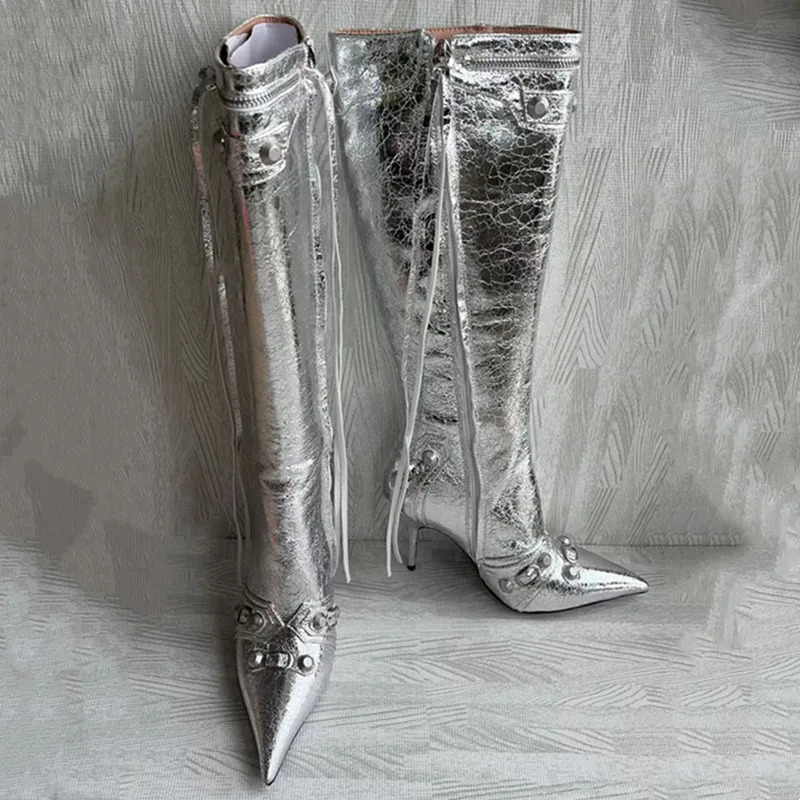 2023 Women's New Pointed Rivet European And American Sexy Spicy Girls High Heel Motorcycle Over Knee Zipper Boots