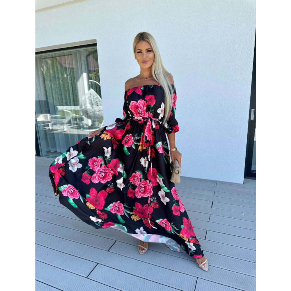 Long Skirt Summer New Seaside Vacation Style One Line Collar Printed Dress F41939