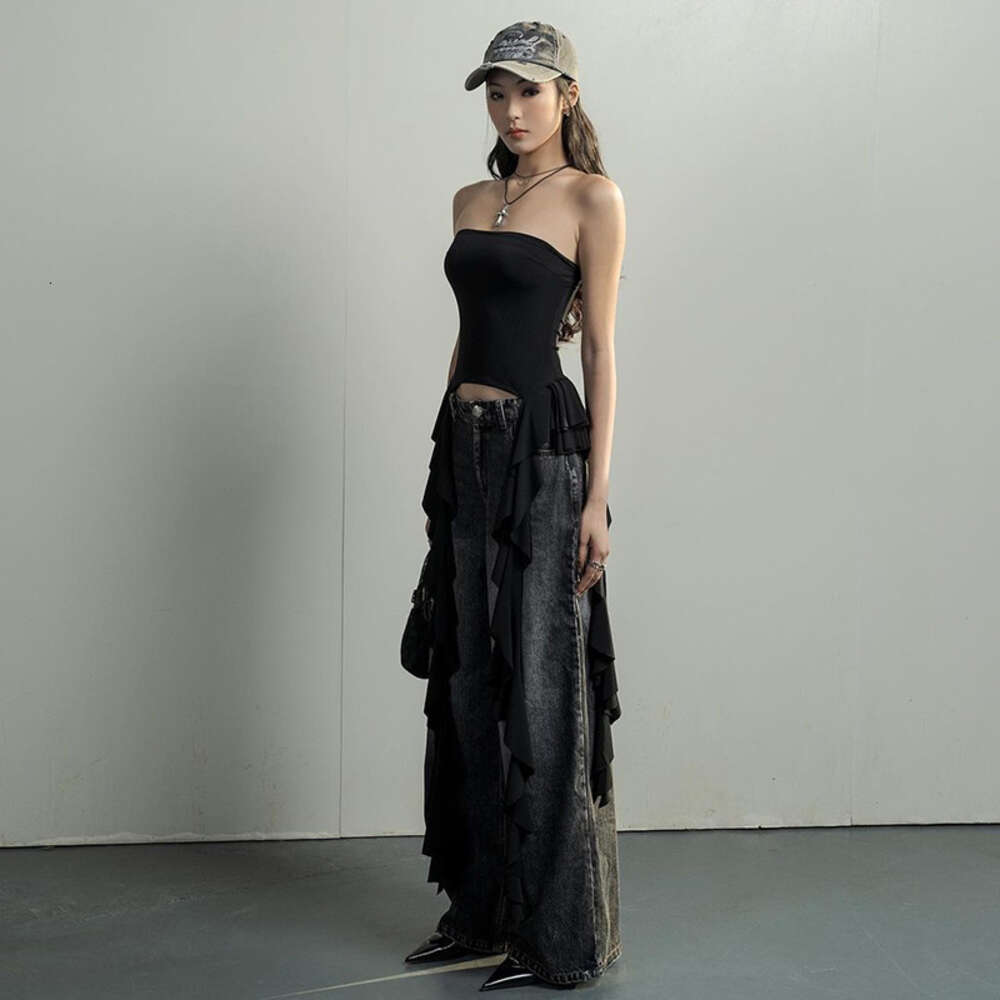 2024Style Sexy Spicy Girl Women's Summer Ruffle Edge One Shoulder Wrapped Chest Our Top F41913