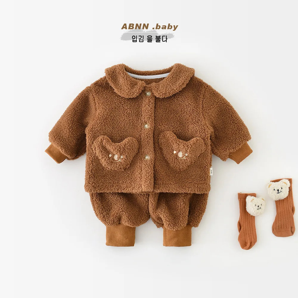 Autumn and Winter Baby Girls 2PCS Family Clothing Wool Cartoon Warm Thick Coat Solid Velvet Pants Set Preschool Girls Sleepwear 241118