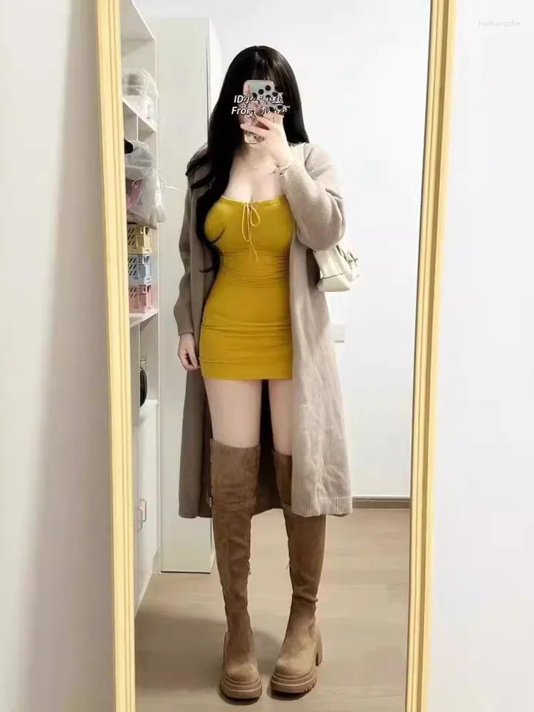 Casual Dresses Bow Sexy Drawstring Vest Wrap The Buttocks Show Chest Dress Elegant Summer Waist Tightening Slimming Solid Color UJ