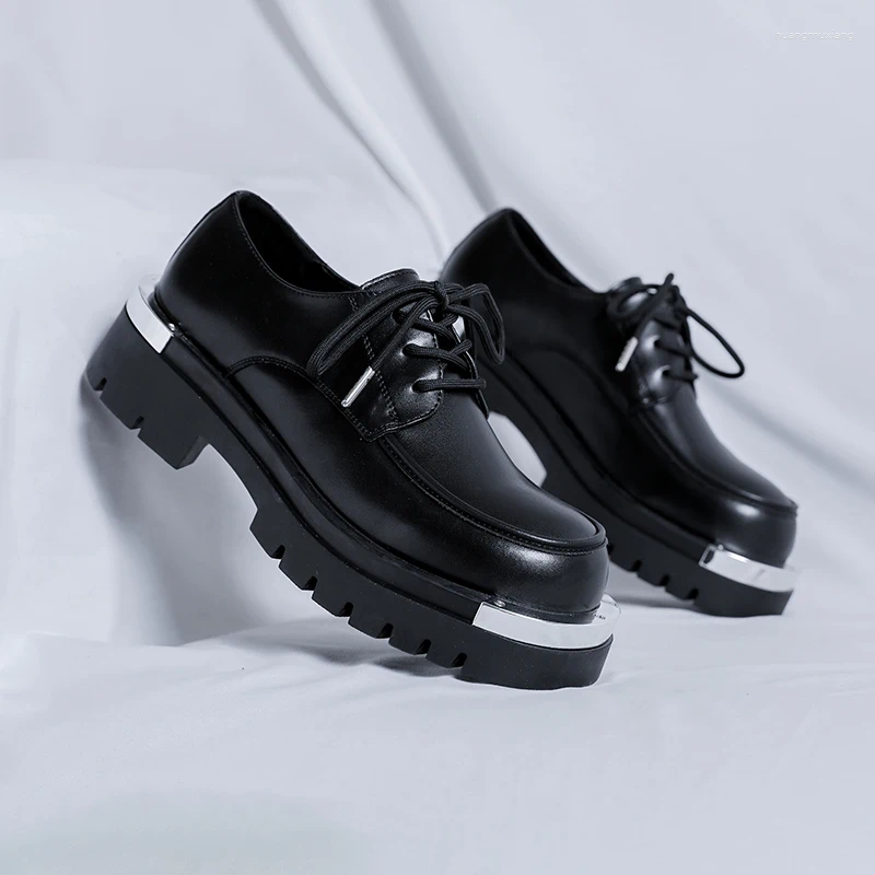 Casual Shoes Platform Man Japan Harajuku Korean Metal Fashion Black Business Wedding Leather Shoe Men Streetwear Cargo