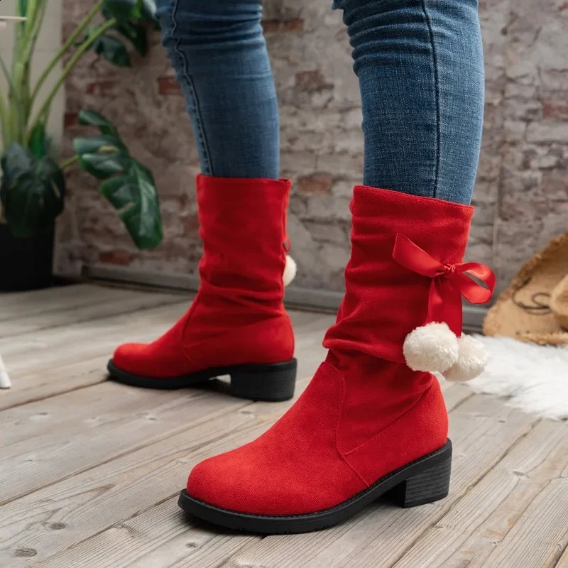 2024 Winter Womens Fluffy Bowknot Ball Decor Boots Slip on Casual Chunky Heel Suede Boots Christmas Mid Calf Boots 241118