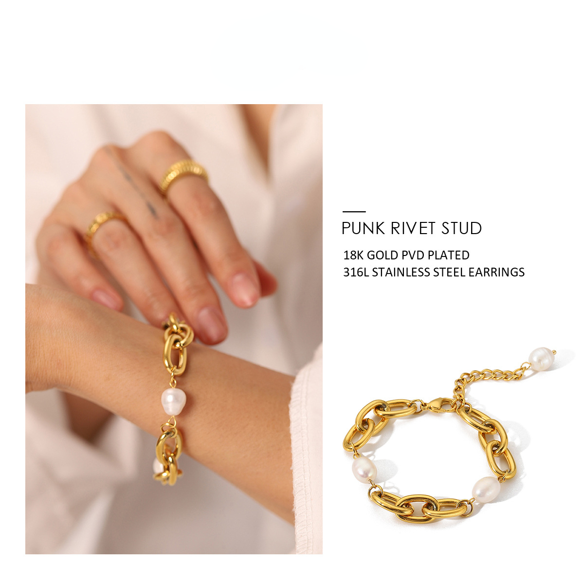 Designer Retro Freshwater Pearl Oval Chain Pearl Bracelet for Women Stainless Steel Plated 18k Gold Party Wedding Jewelry Wholesale