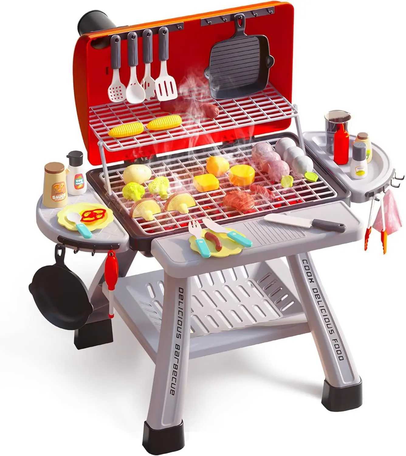 Cute Stone Childrens BBQ Grill ToyKitchen PlaysetRealistic Smoke BBQ Grill Playset with Toy Kitchen Accessories W241119