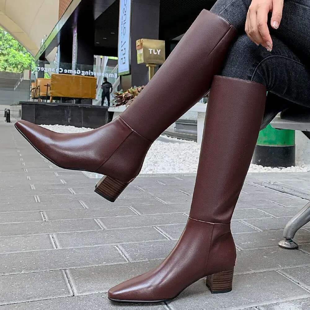 Women's genuine leather thick heel side zip autumn knee high elegant ladies soft comfortable long winter warm boots dfe2