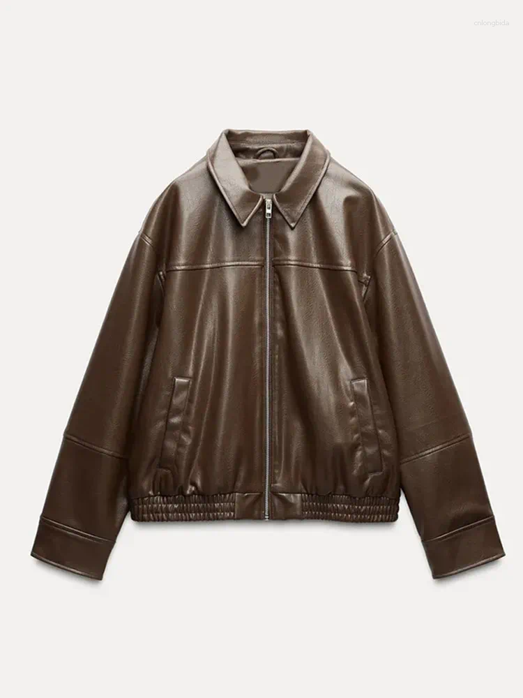 Women's Jackets Women Brown Long Sleeve Lapel Leather Jacket Fashion Zipper Pockets Loose Coats Autumn Winter Lady High Street Outerwear