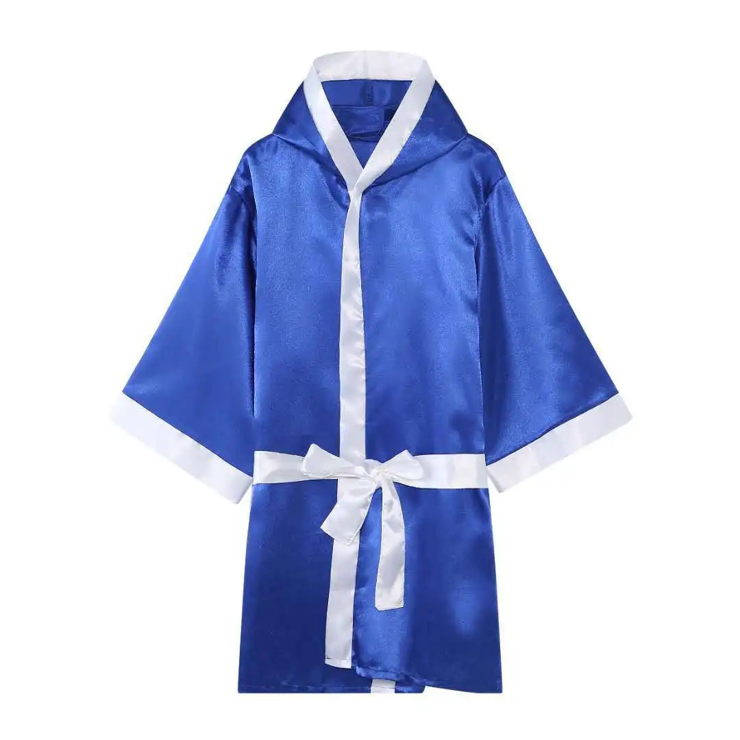 Boxing MMA Robes with Hood Full Length Satin Walkout Robe Men Women Adult Martial Arts Kickboxing Gown Red Blue Black Polyester 241118