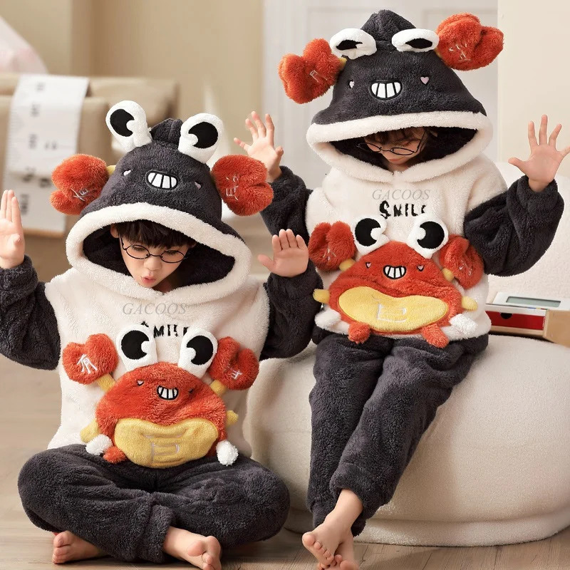 Winter Childrens Pajamas Childrens Plush Thick Pajama Set Pajamas Boys and Girls Pajamas Hoodies Pajamas 4 6 8 12 Years 241118