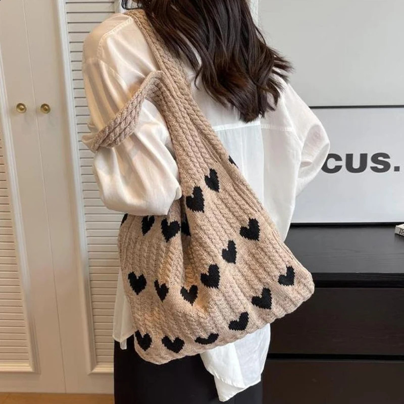 Love Wool Large Knitted Bag Shoulder Shopping for Women Vintage Cotton Cloth Girls Tote Shopper Female Handbag Crochet 241115