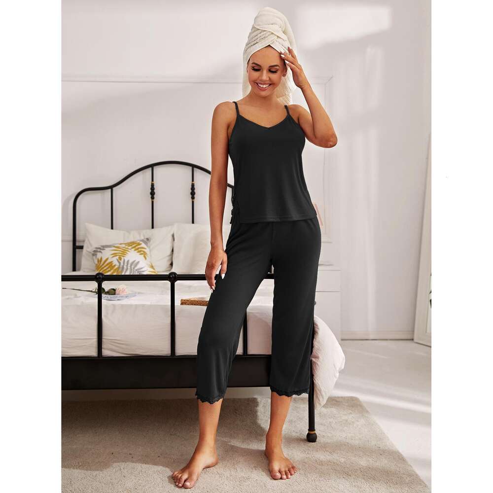 Pama Summer Lace Edge Sexy Suspender Pants Two-piece Set for Women's Home Wear F41936