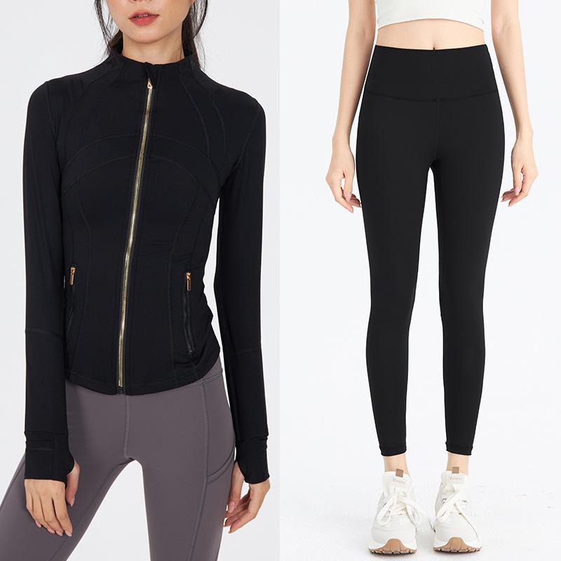 5A Gold Jacket and 25'' pant set Women Define Workout Coat two sets Sports Quick Dry Active Top Solid Zip Sweatshirt Sport wear