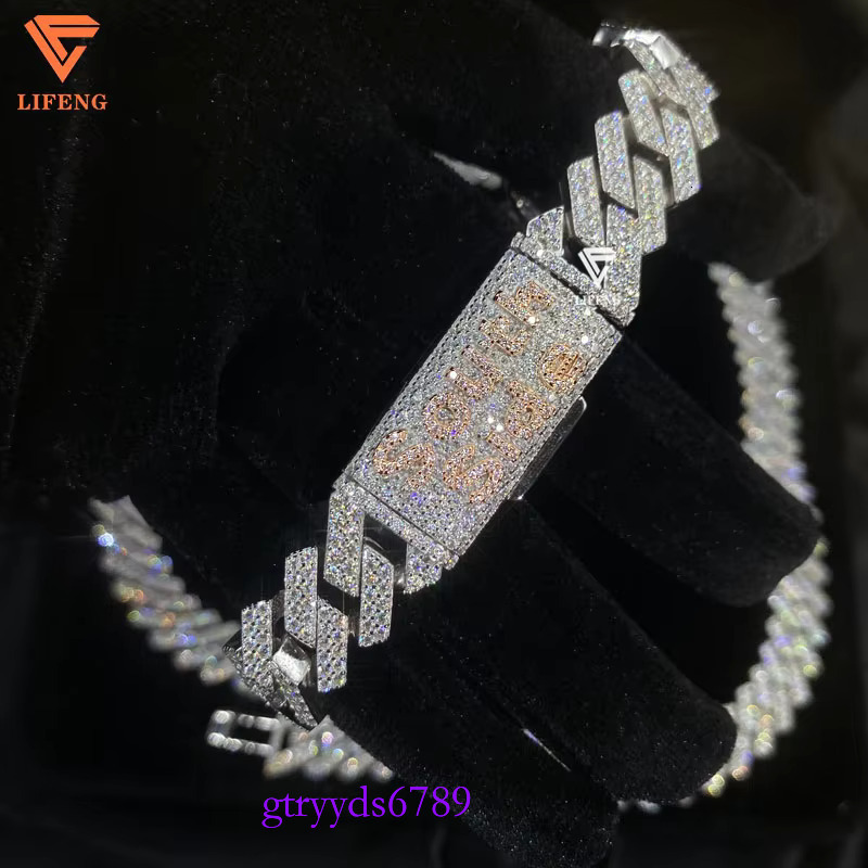 Miami Custom Name Clasp 14mm Moissanite Cuban k Chain VVS Pass Men's Necklace Bracelet Set White Gold Plated Jewelry