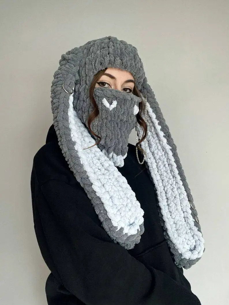 Bear Ears Crochet Balaclava Women Handmade Chain Circle Knitted Hat Fashion Party Chenille Mask Warm Ear Protection Skullies Cap 240419