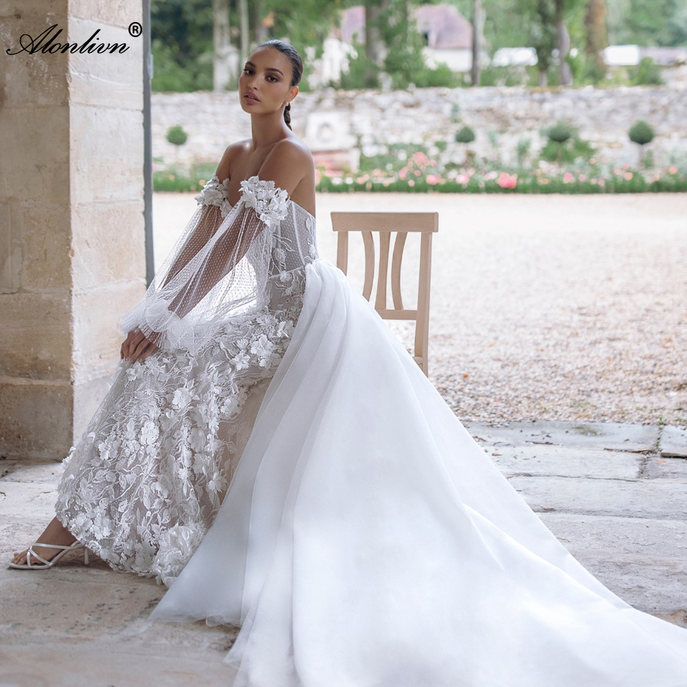 Beautiful Beading 3D Flowers Off Shoulder Full Puff Sleeves Sweetheart Mermaid Wedding Dress Beading Appliques Lace Decathable Train 2 In 1 Trumpet Br