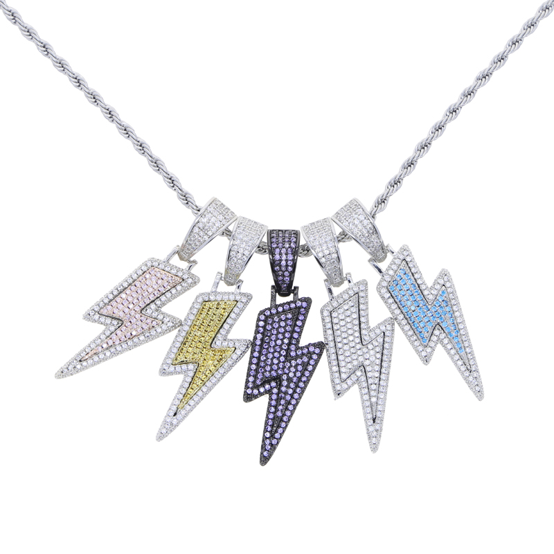 Iced-Out Lighing Pendant Necklace: Two-Tone CZ Charm for Men & Women fa71