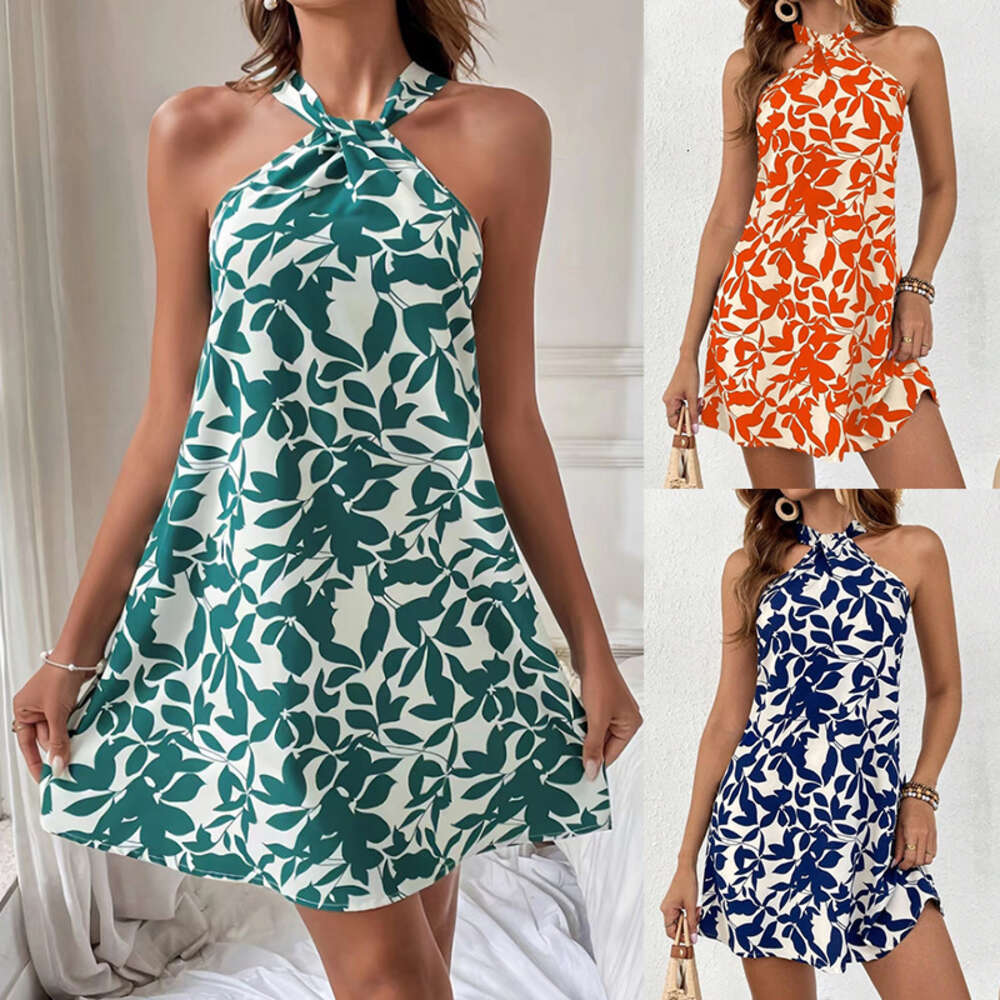 Women's 2024 Spring/summer Sleeveless Sexy Backless Short Skirt with Ruffle Edge Printed Hanging Neck Dress F41930