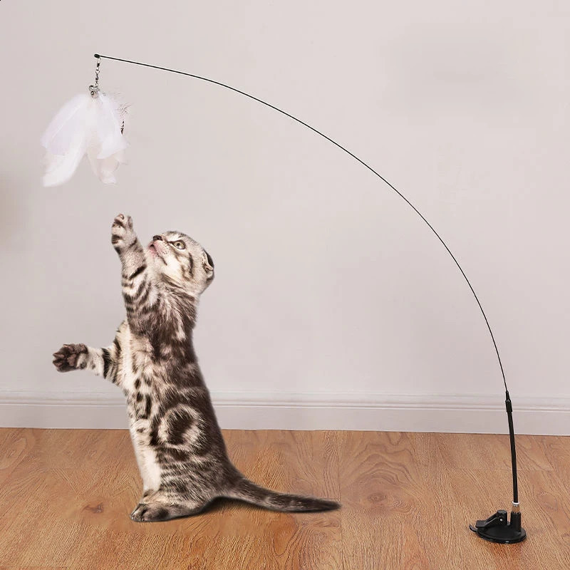 Interactive Cat Toy Handfree Stick Playing Kitten Teaser Wand Suction Cup BirdFeather Pet Supplies 250312